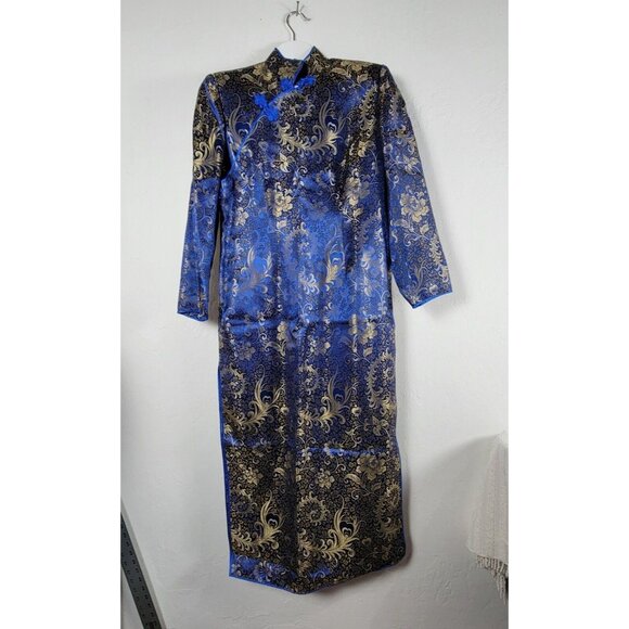 Hongdu Chinese Traditional Style Evening Dress Blue/Gold Floral High Slit - Picture 1 of 10